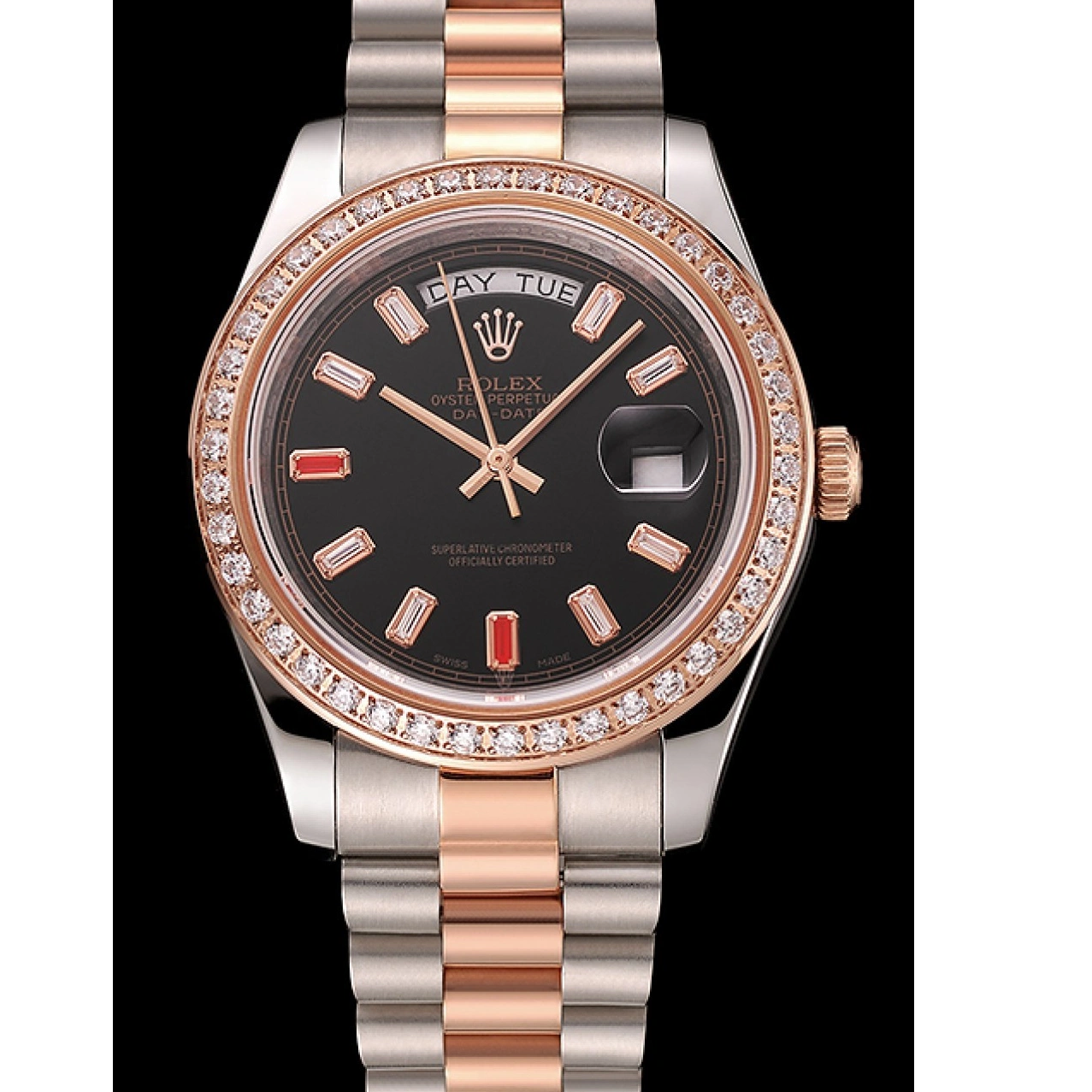 Aaa fake watches Rolex Bracelet Swiss Staineless Dial Rose Black Diamonds Rubies Steel And 1454106 Gold Day-Date And 1029